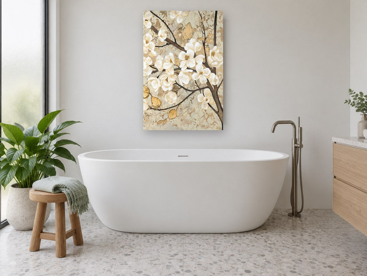 Gilded Magnolia Branch floral canvas print on the wall of a bathroom