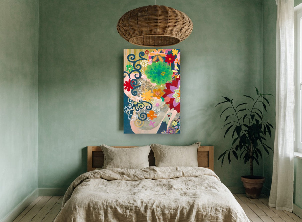 Scrolls and Blooms floral canvas print on the wall of a bedroom