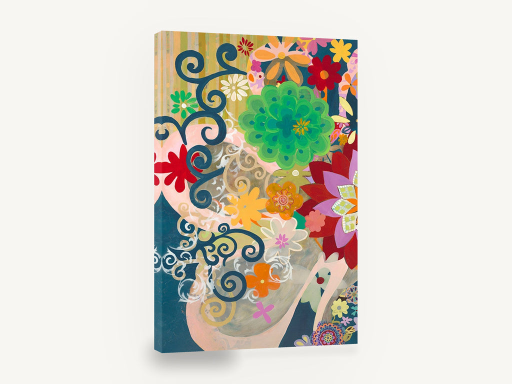 Scrolls and Blooms, colourful retro floral scroll abstract, floral canvas wall art print ready to hang