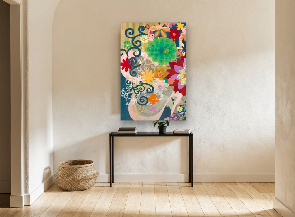 Scrolls and Blooms floral canvas print on the wall of a hallway