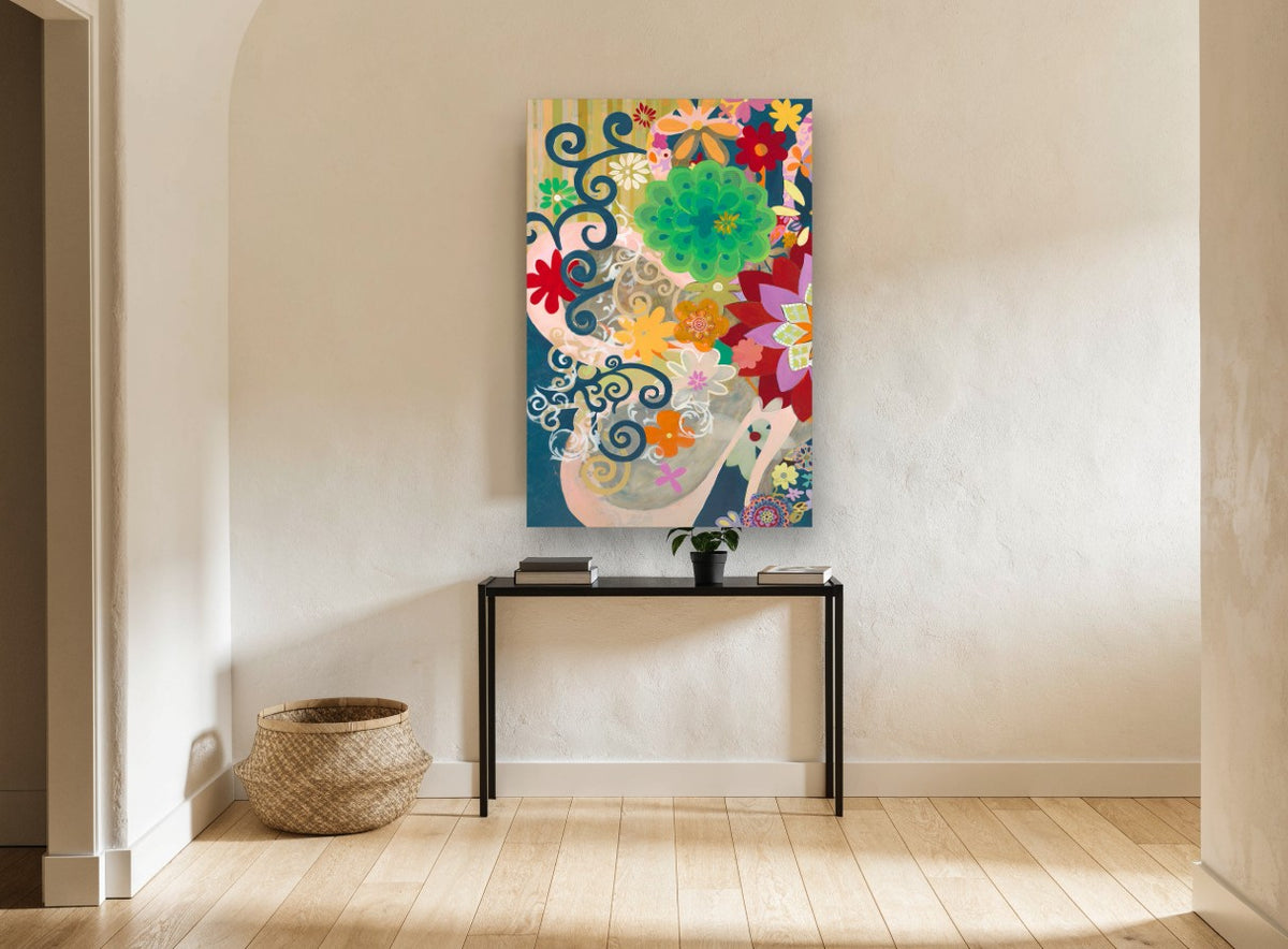 Scrolls and Blooms floral canvas print on the wall of a hallway