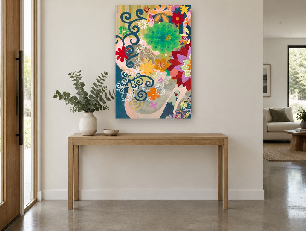 Scrolls and Blooms floral canvas print on the wall of a entry hall