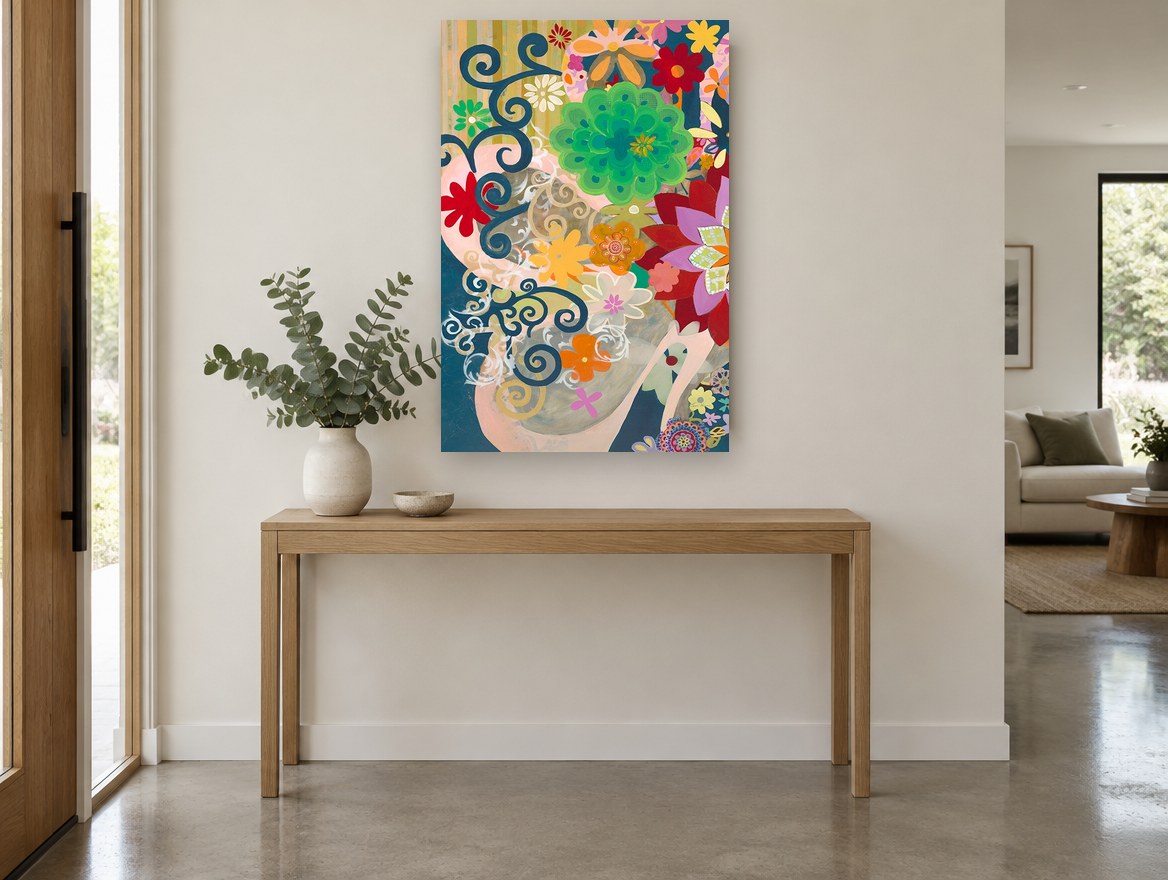 Scrolls and Blooms floral canvas print on the wall of a entry hall