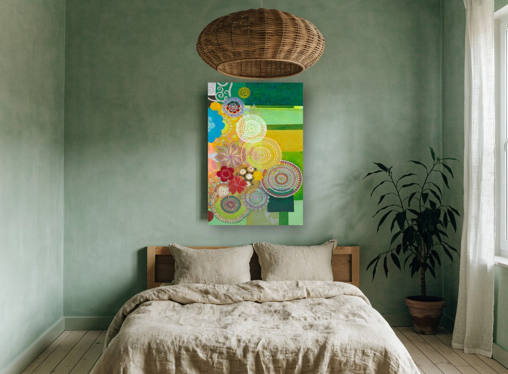 Lace Circle Garden floral canvas print on the wall of a bedroom