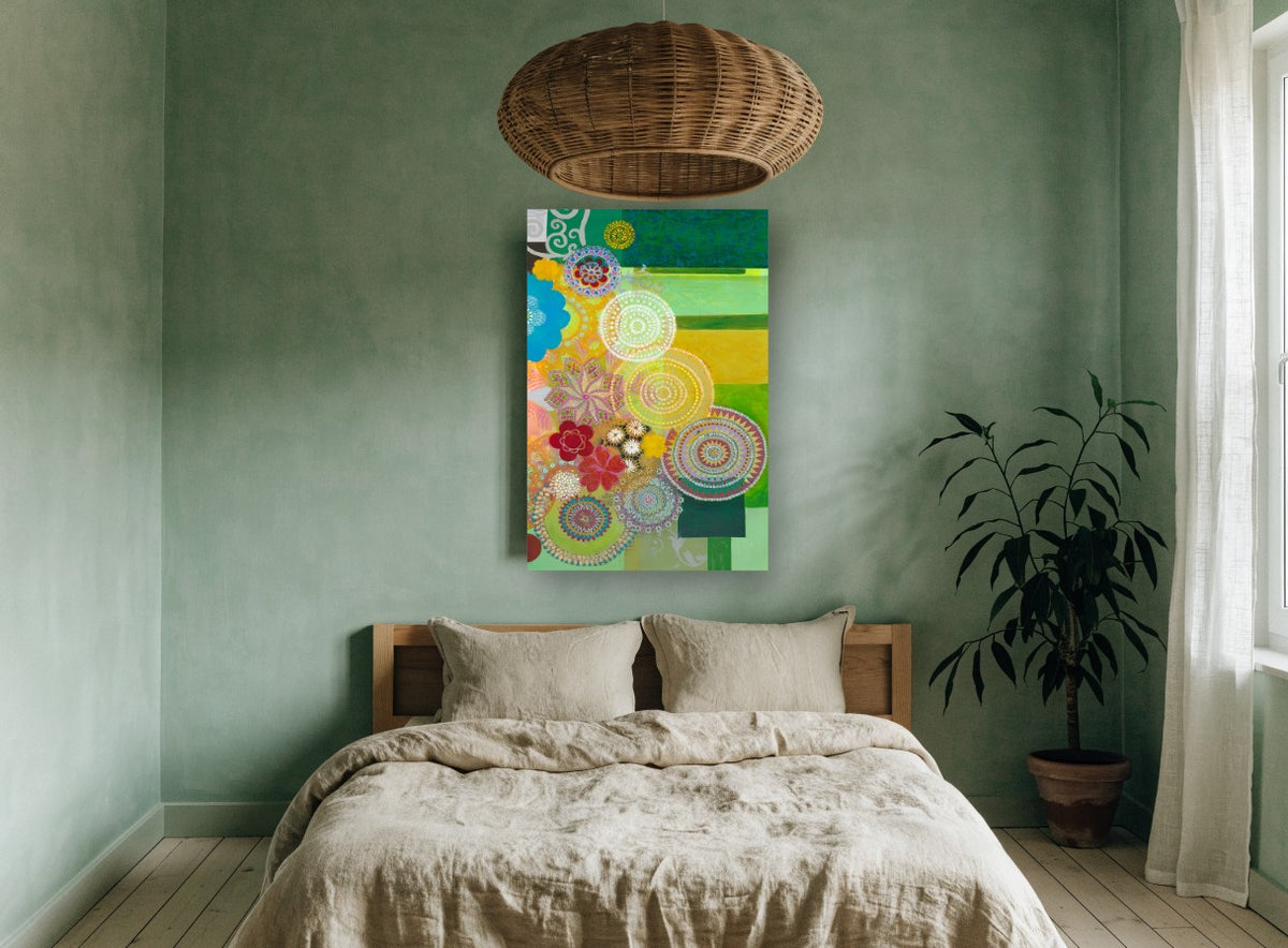 Lace Circle Garden floral canvas print on the wall of a bedroom