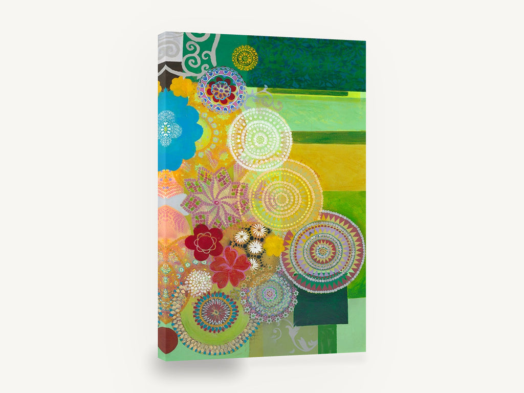 Lace Circle Garden, colourful doily circles abstract floral, floral canvas wall art print ready to hang