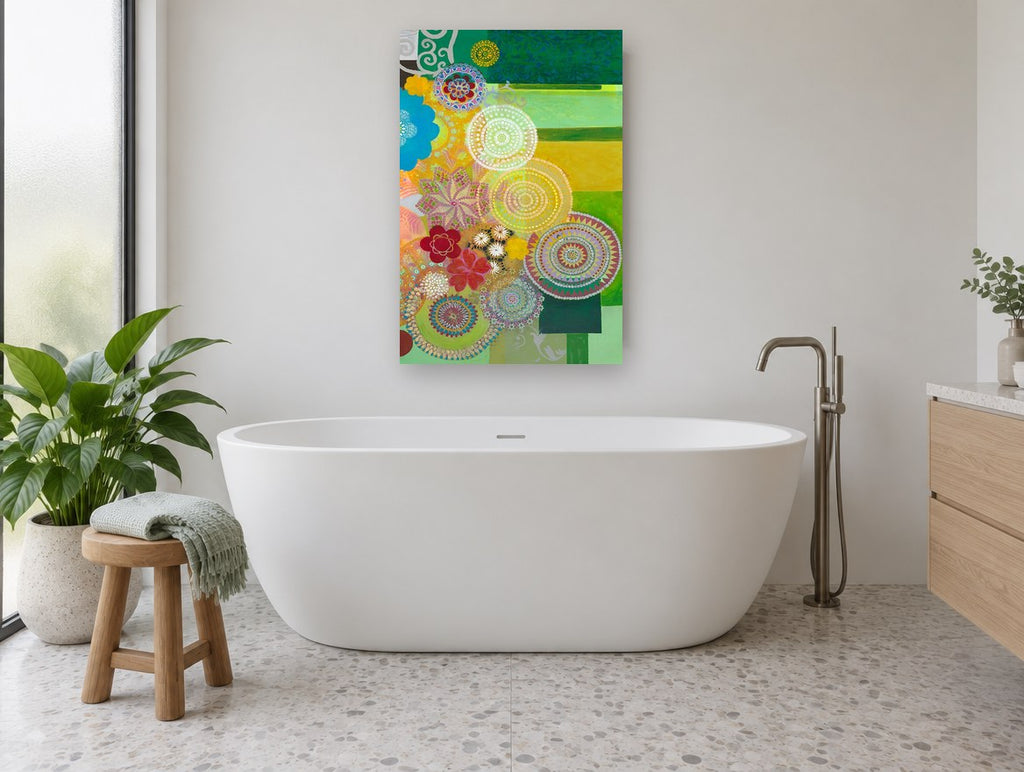 Lace Circle Garden floral canvas print on the wall of a bathroom
