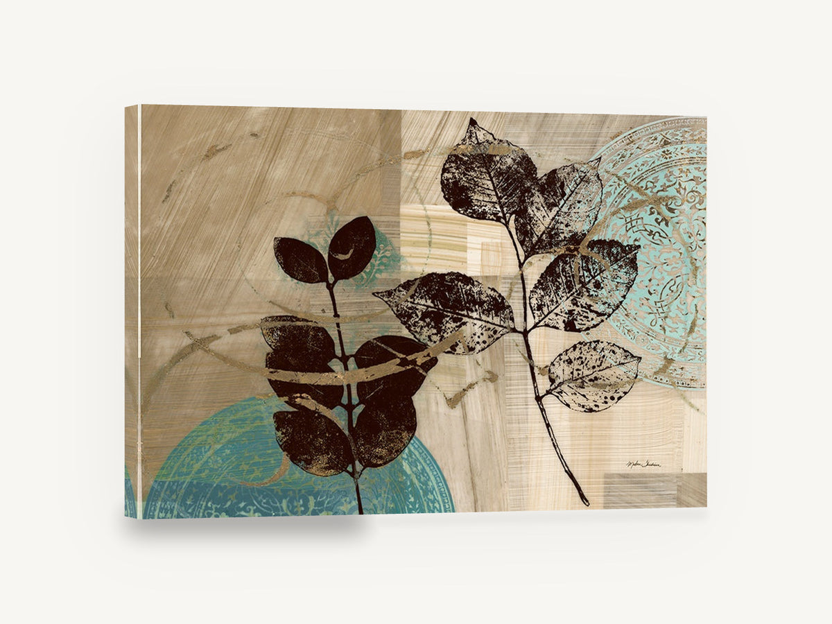 Leaf Prints on Teal, brown leaf sprigs teal medallion abstract, floral canvas wall art print ready to hang