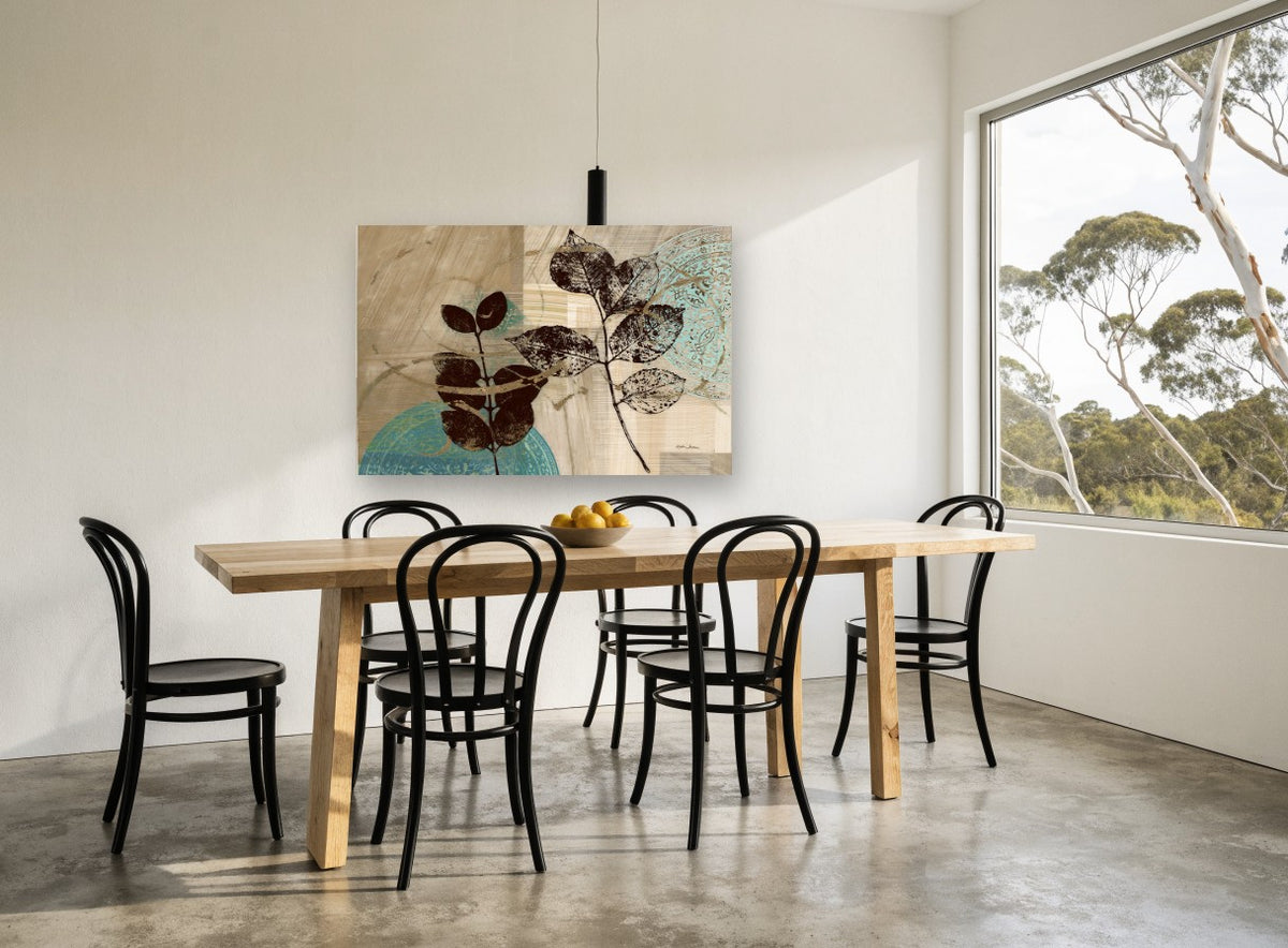 Leaf Prints on Teal floral canvas print on the wall of a dining room
