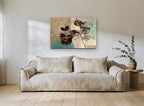 Leaf Prints on Teal floral canvas print on the wall of a living room