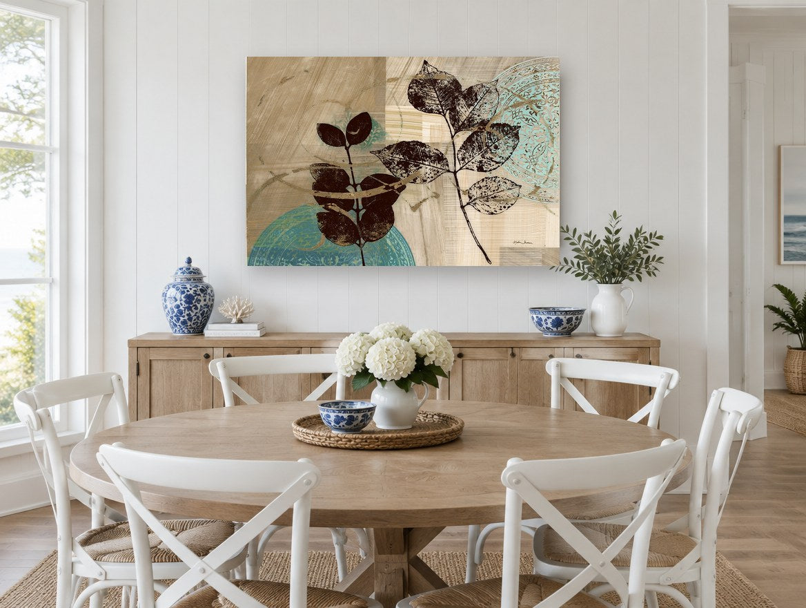 Leaf Prints on Teal floral canvas print on the wall of a Hamptons dining room