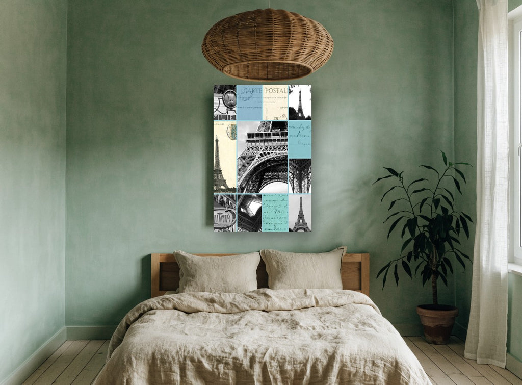 Paris Postcard Collage city canvas print on the wall of a bedroom