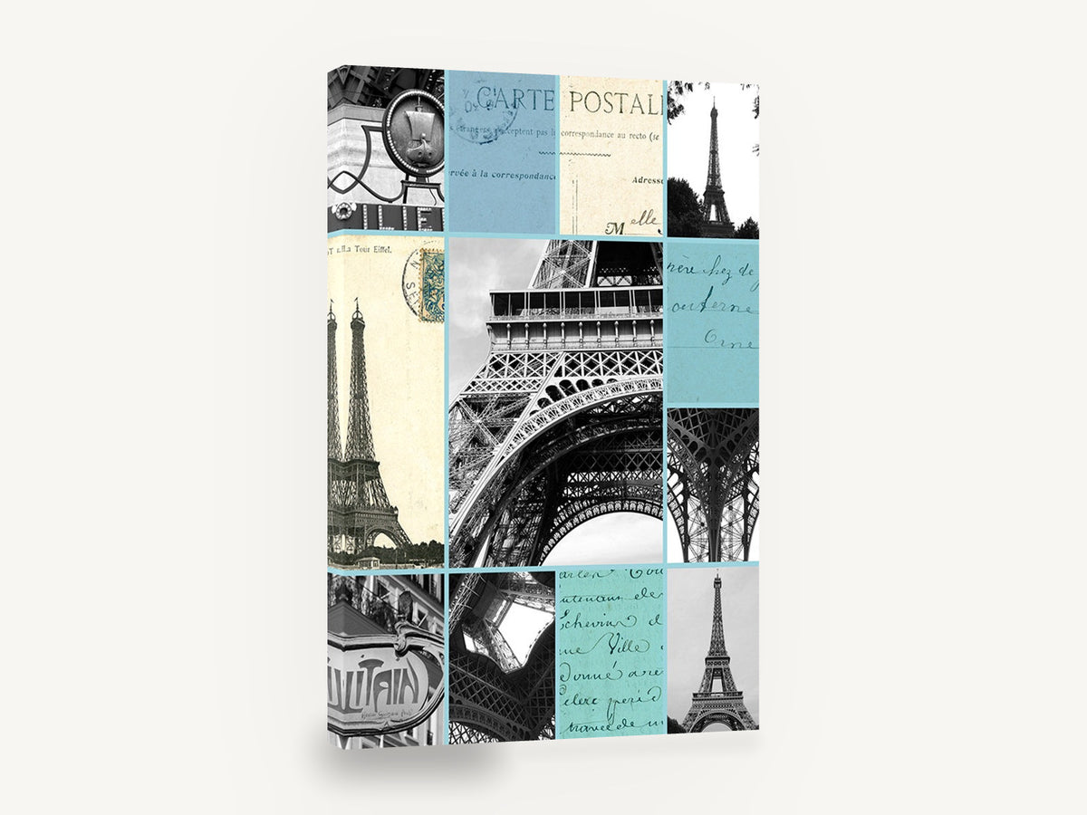 Paris Postcard Collage, eiffel tower postcard collage, city canvas wall art print ready to hang