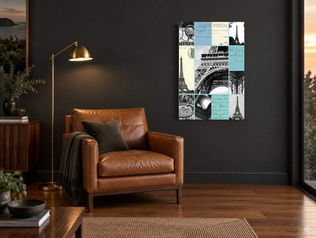 Paris Postcard Collage city canvas print on the wall of a charcoal living room