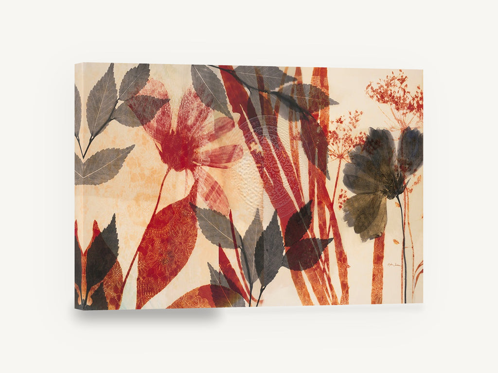 Pressed Garden Silhouettes, red and grey pressed botanical leaves, floral canvas wall art print ready to hang