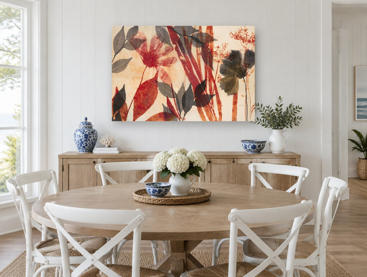 Pressed Garden Silhouettes floral canvas print on the wall of a Hamptons dining room