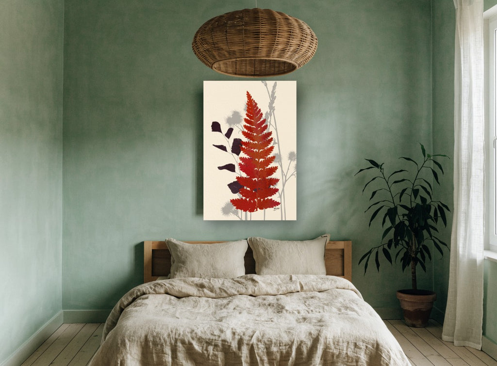 Rust Fern Silhouettes floral canvas print on the wall of a bedroom