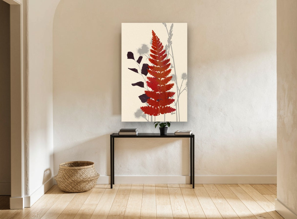 Rust Fern Silhouettes floral canvas print on the wall of a hallway