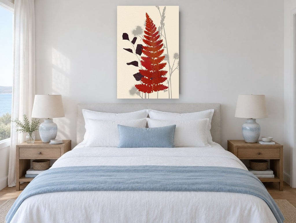 Rust Fern Silhouettes floral canvas print on the wall of a coastal bedroom