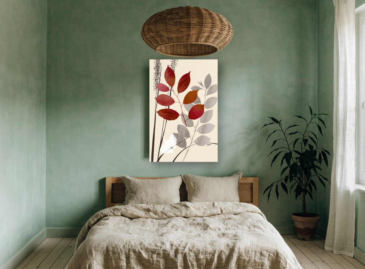 Crimson Leaves on Cream floral canvas print on the wall of a bedroom