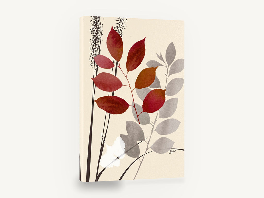 Crimson Leaves on Cream, red autumn leaves botanical illustration, floral canvas wall art print ready to hang