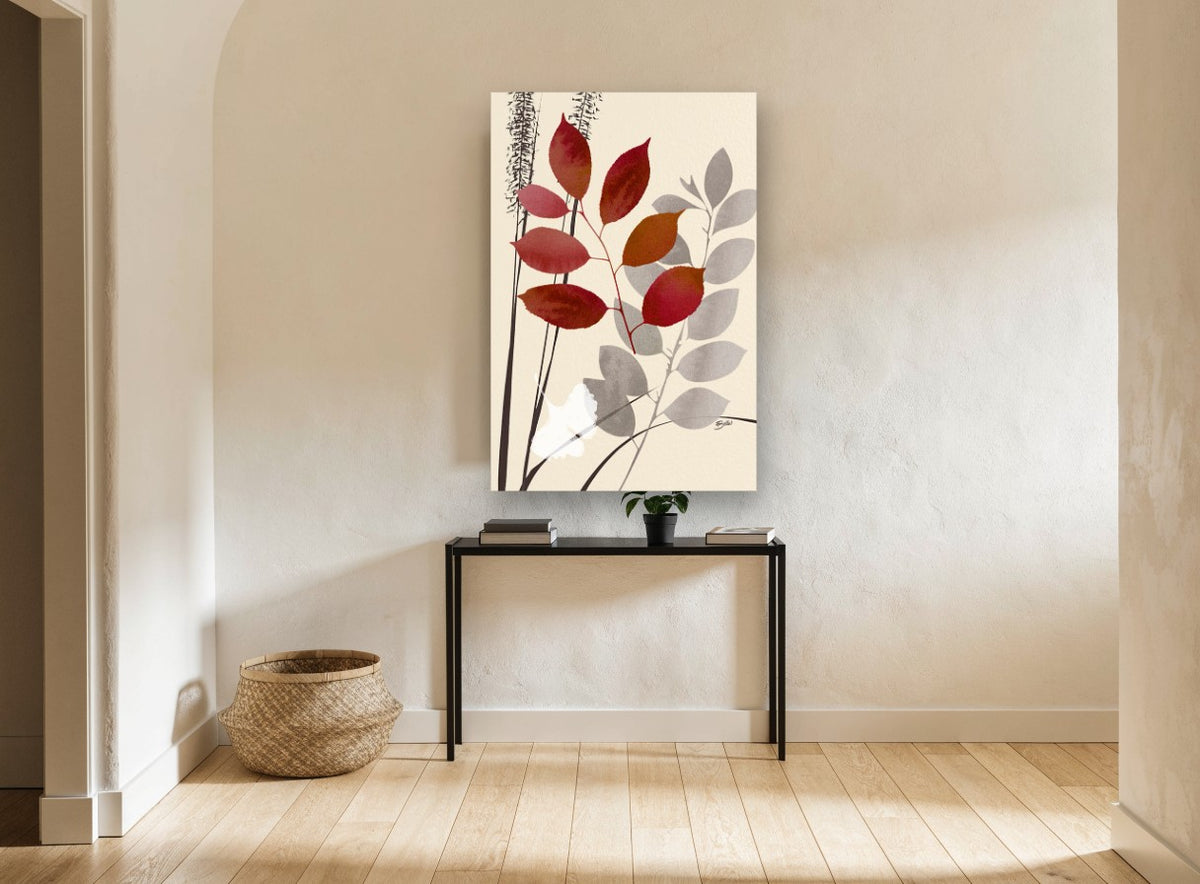 Crimson Leaves on Cream floral canvas print on the wall of a hallway