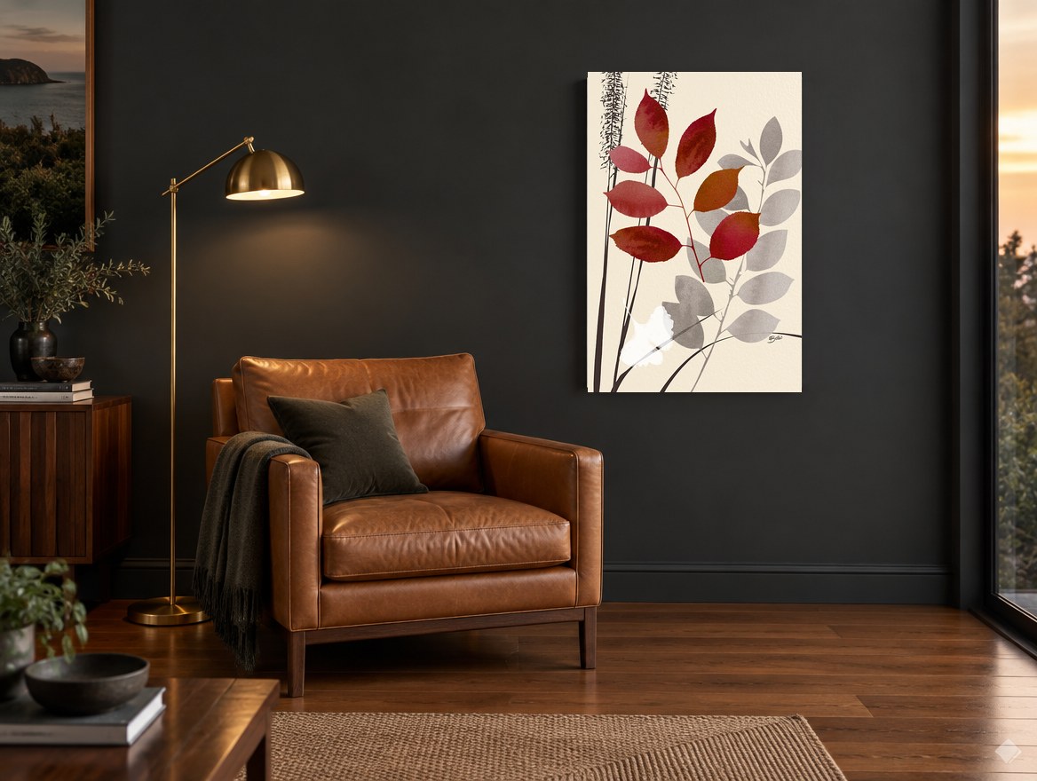 Crimson Leaves on Cream floral canvas print on the wall of a charcoal living room