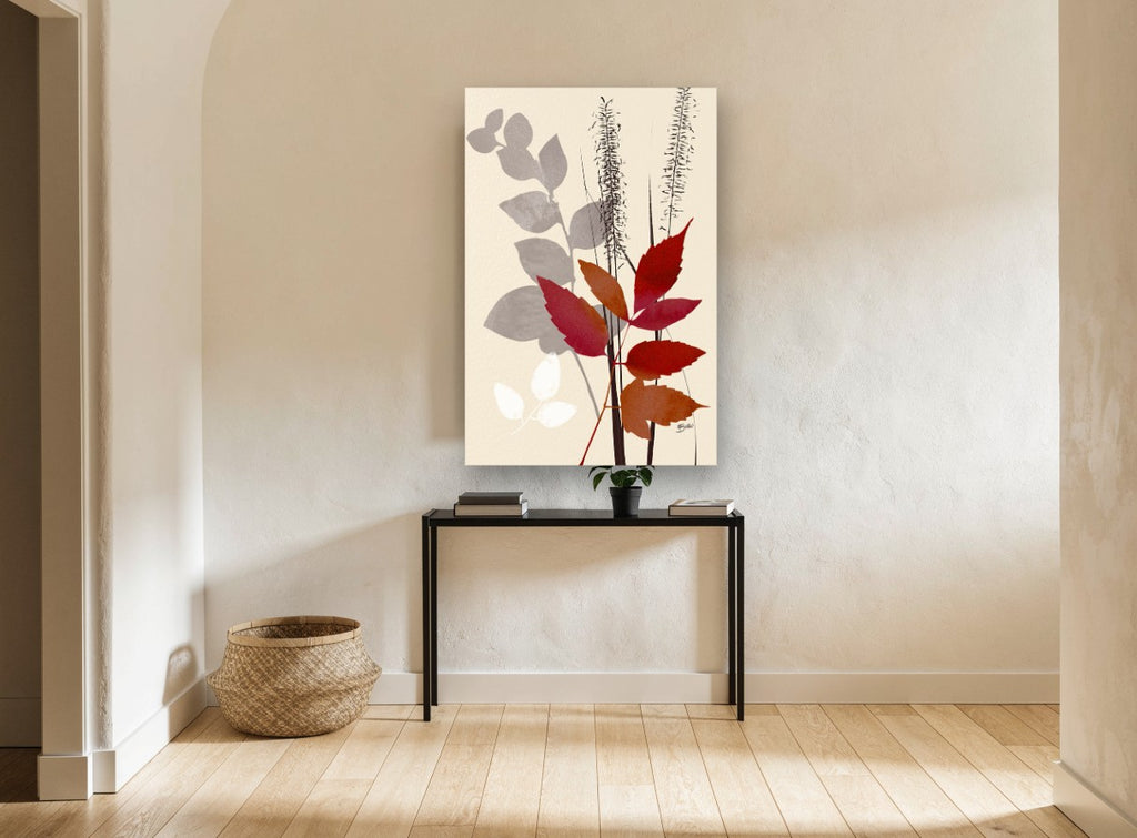 Crimson Leaves Silhouette floral canvas print on the wall of a hallway
