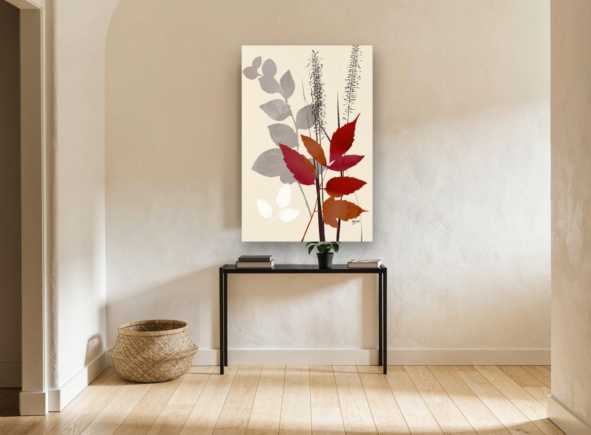 Crimson Leaves Silhouette floral canvas print on the wall of a hallway