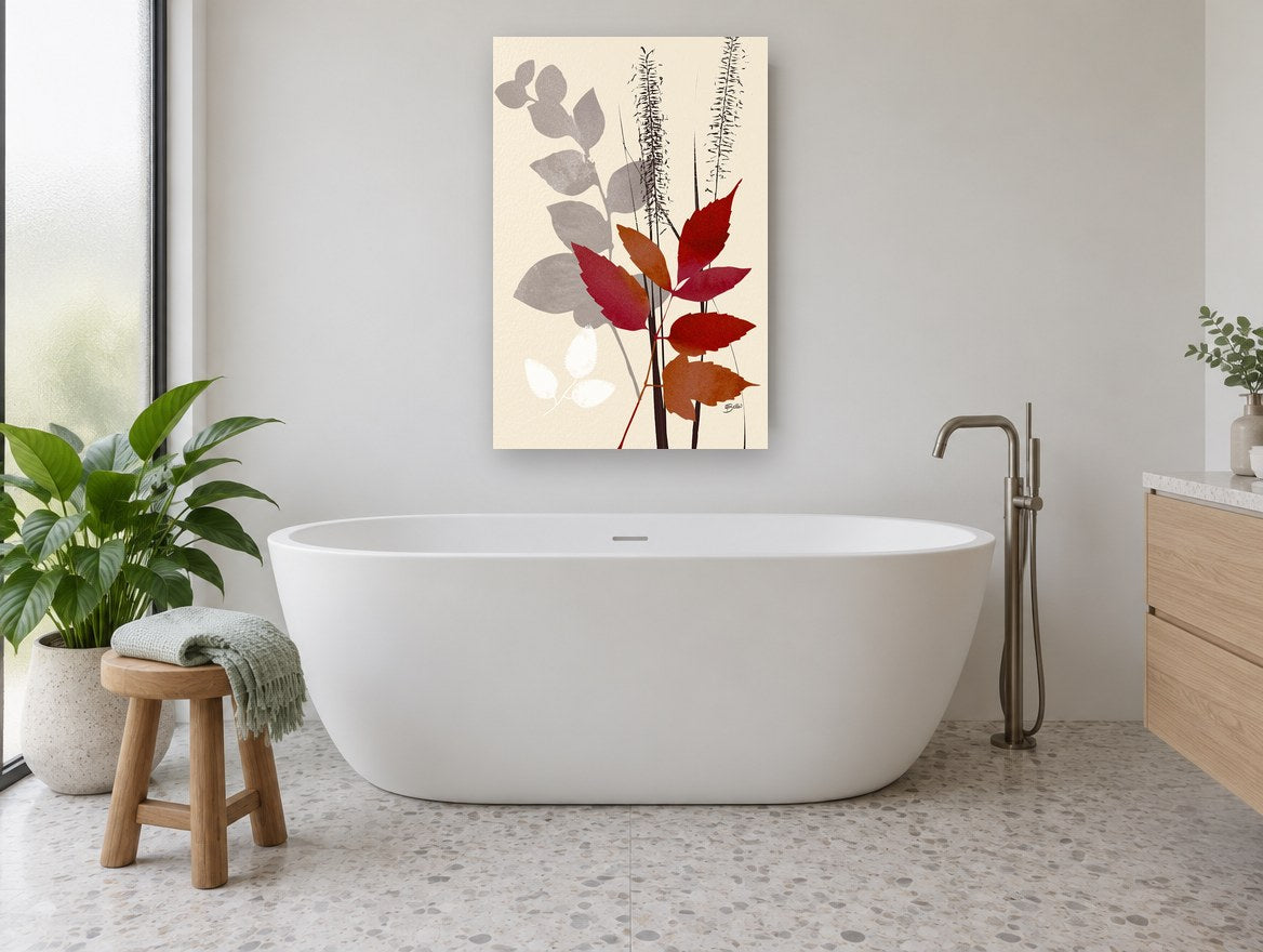 Crimson Leaves Silhouette floral canvas print on the wall of a bathroom
