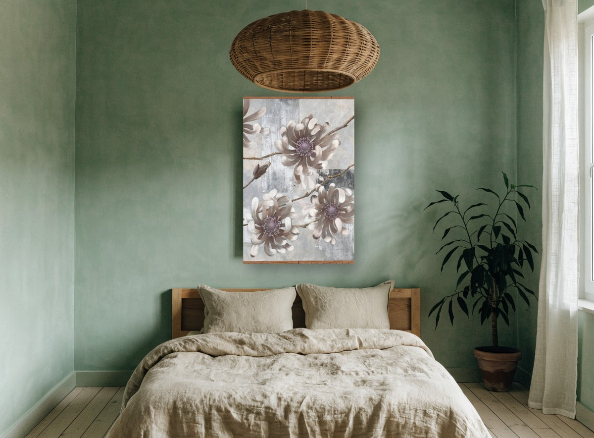 Taupe Anemone Blooms floral canvas print on the wall of a bedroom