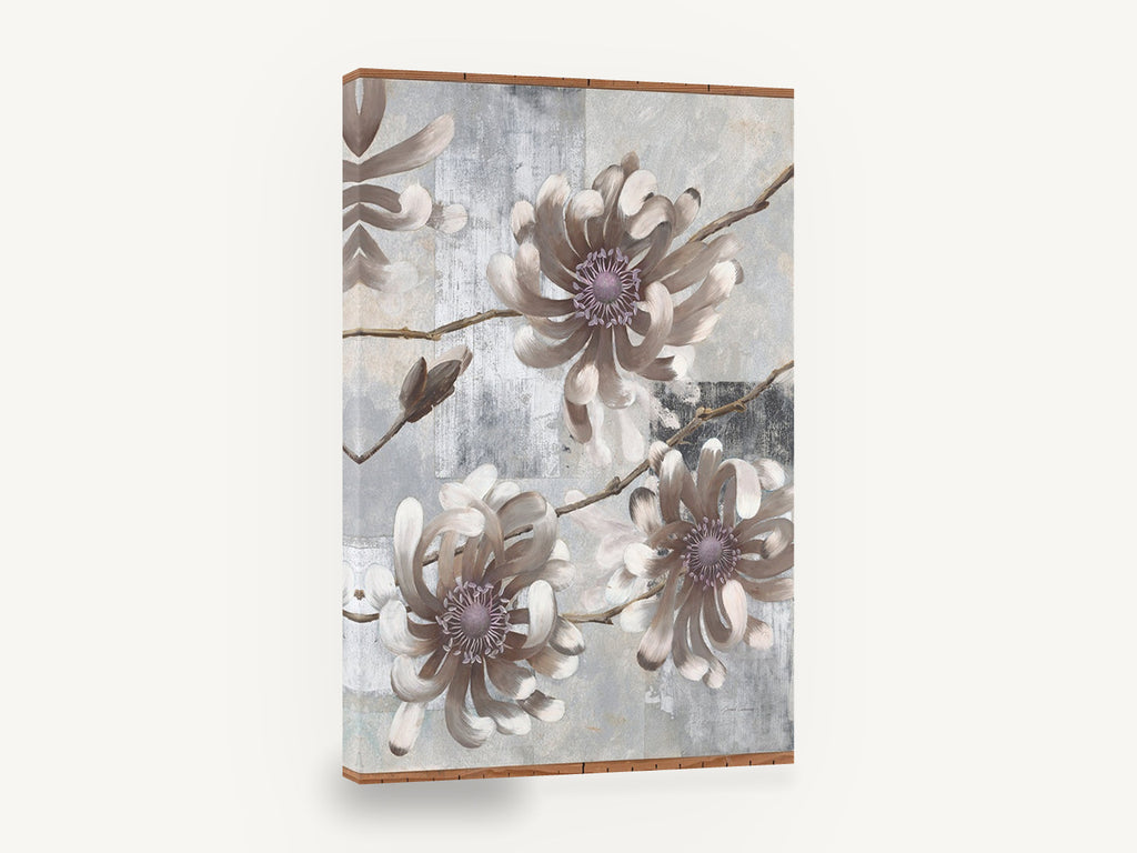 Taupe Anemone Blooms, taupe flowers on grey textured background, floral canvas wall art print ready to hang