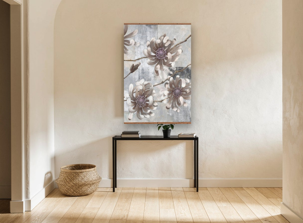 Taupe Anemone Blooms floral canvas print on the wall of a hallway