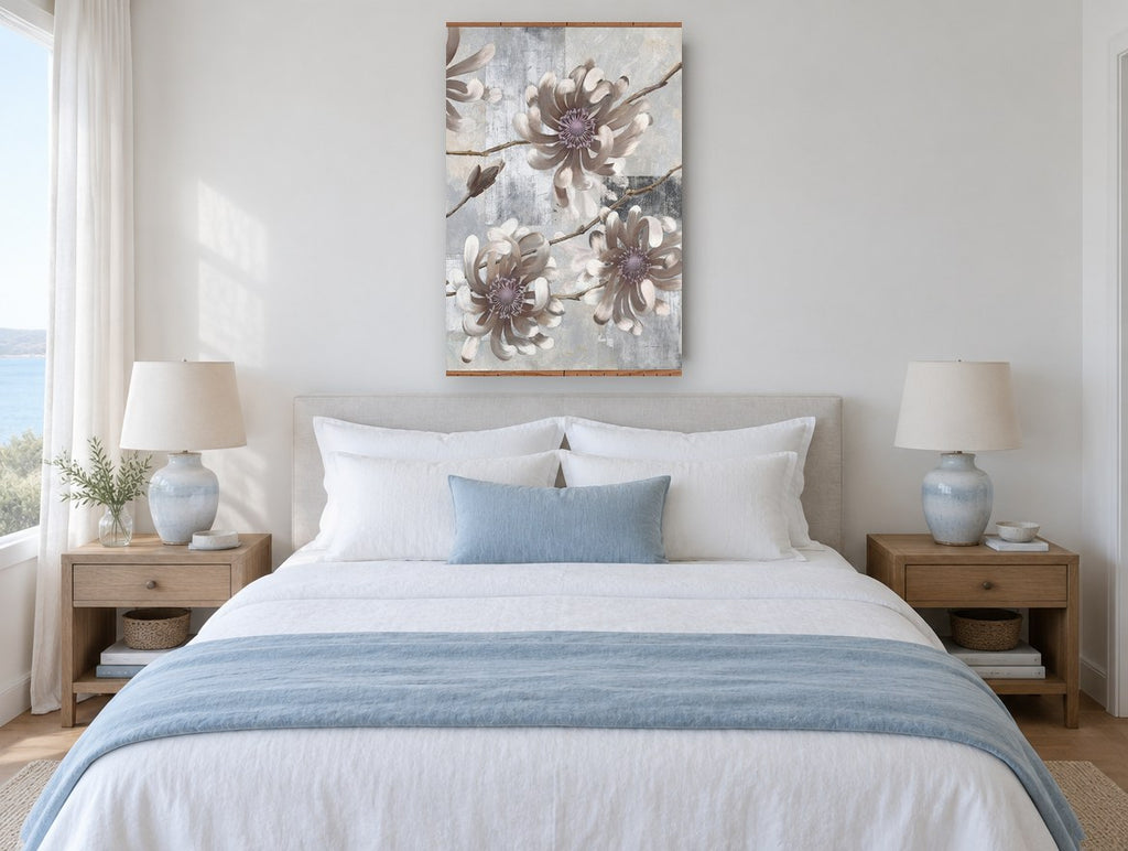 Taupe Anemone Blooms floral canvas print on the wall of a coastal bedroom