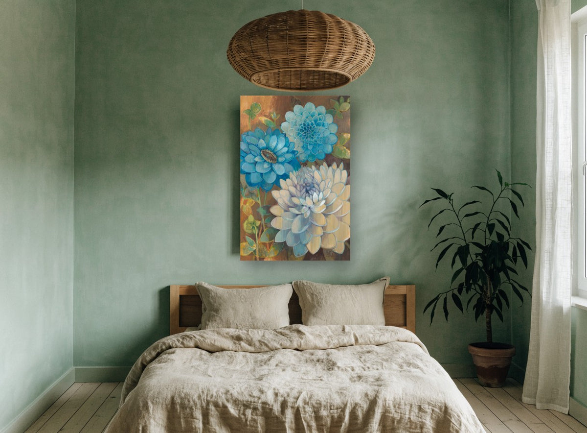 Blue Dahlia Trio floral canvas print on the wall of a bedroom