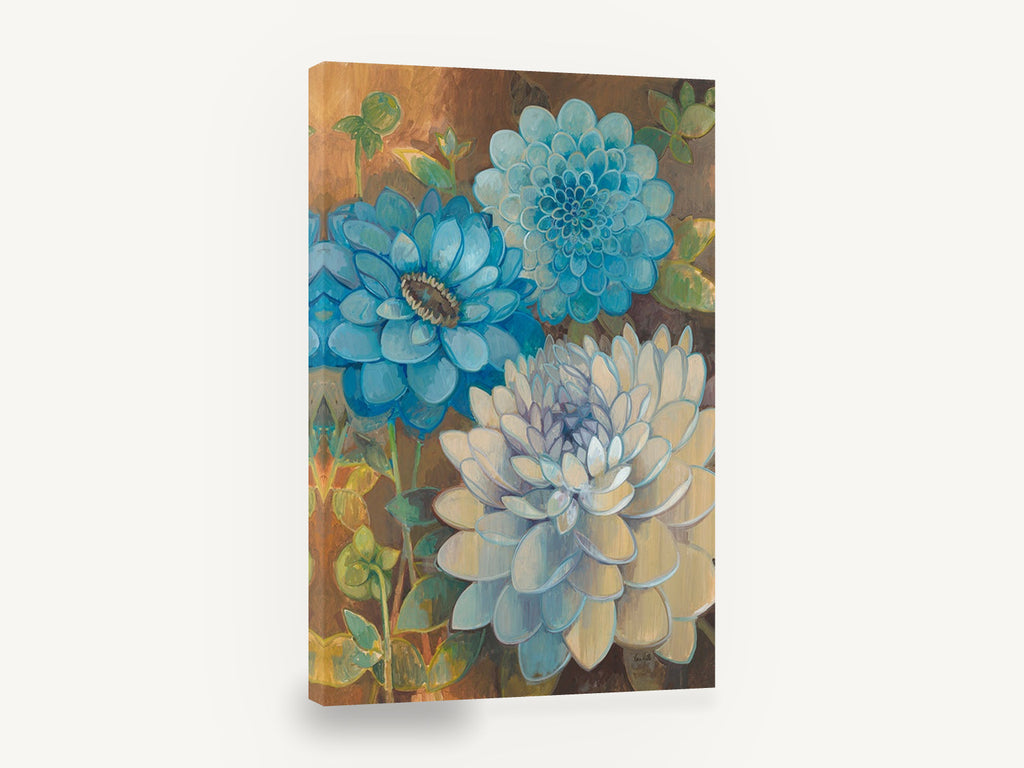 Blue Dahlia Trio, blue dahlias floral painting on brown, floral canvas wall art print ready to hang