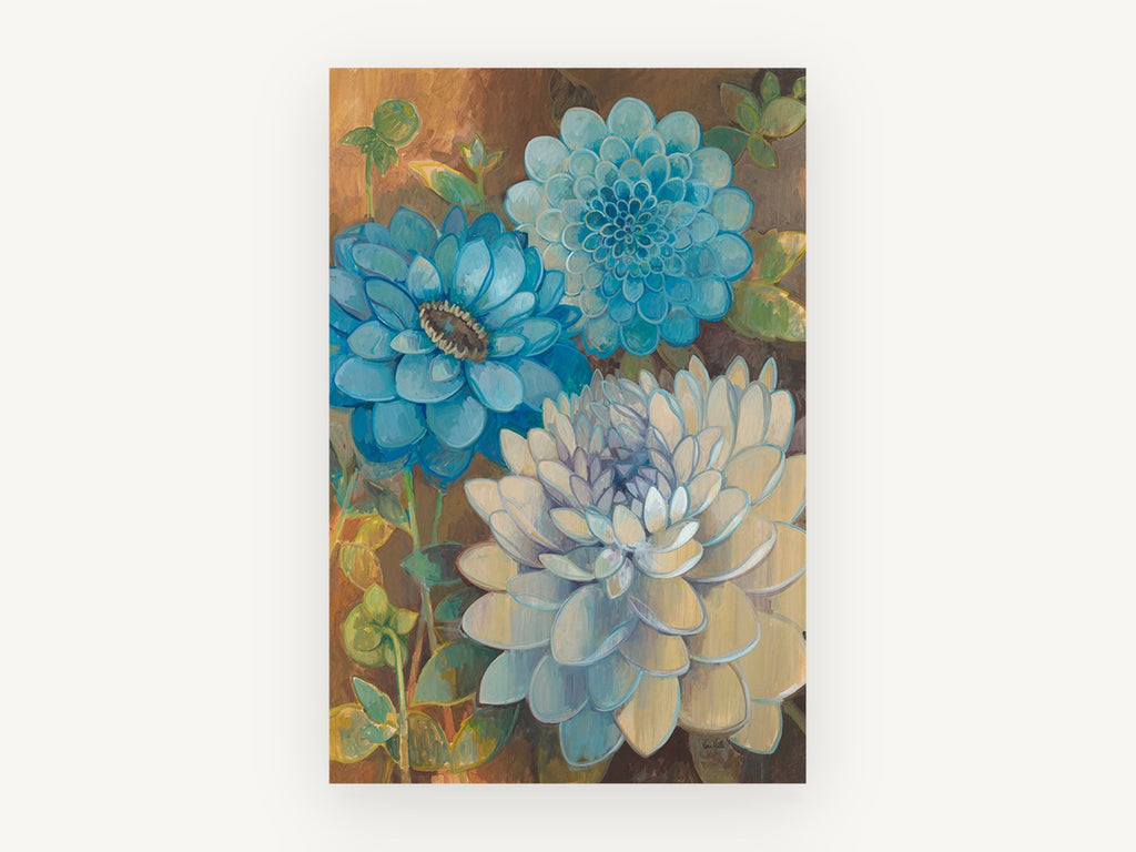 Blue Dahlia Trio, floral canvas wall art print, front view