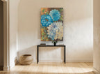 Blue Dahlia Trio floral canvas print on the wall of a hallway