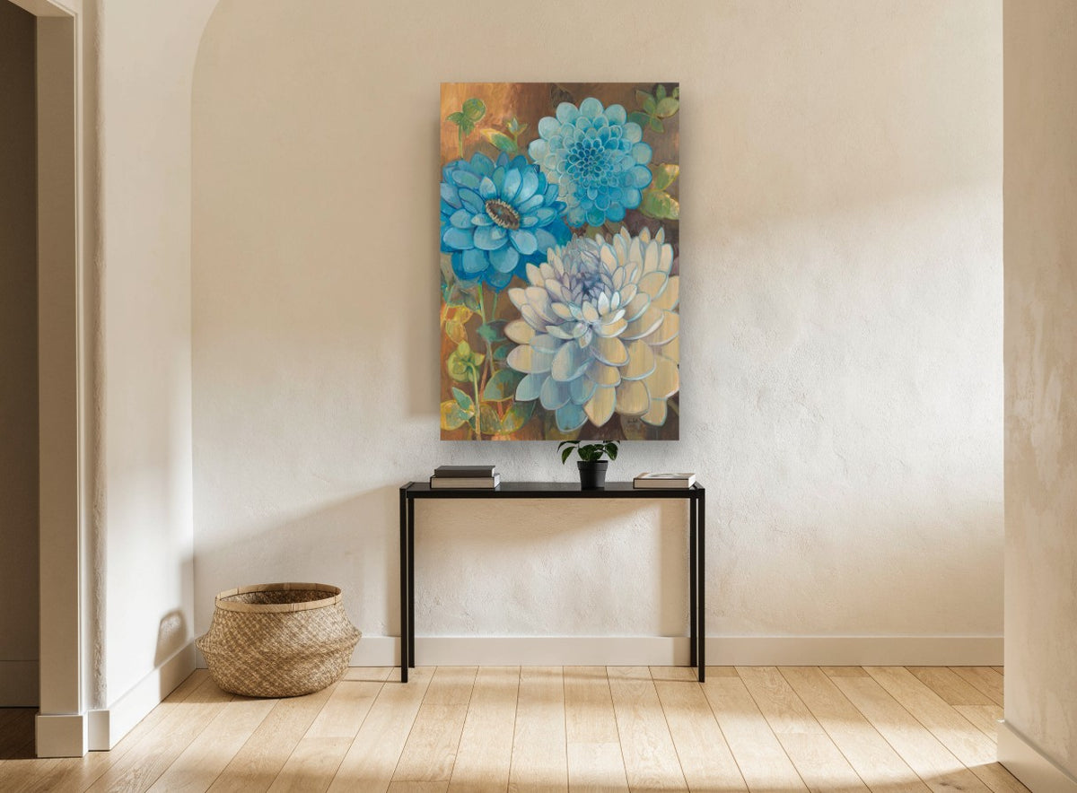 Blue Dahlia Trio floral canvas print on the wall of a hallway