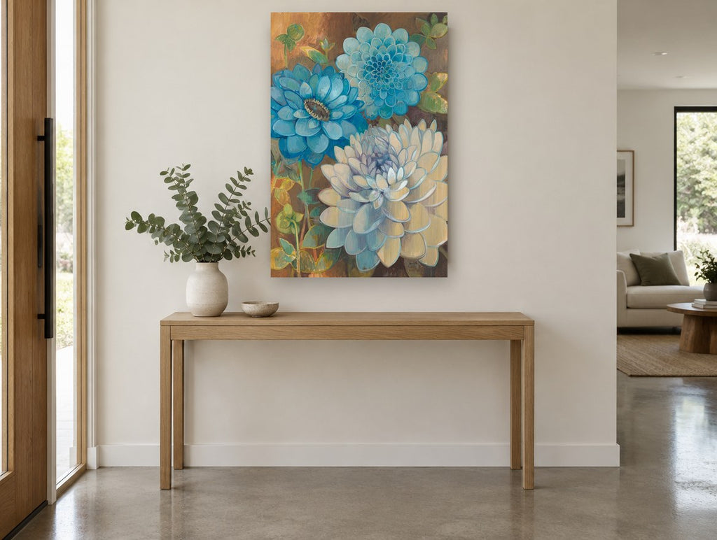Blue Dahlia Trio floral canvas print on the wall of a entry hall