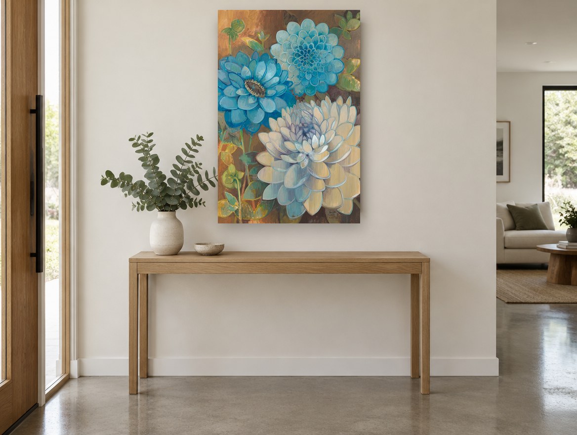 Blue Dahlia Trio floral canvas print on the wall of a entry hall