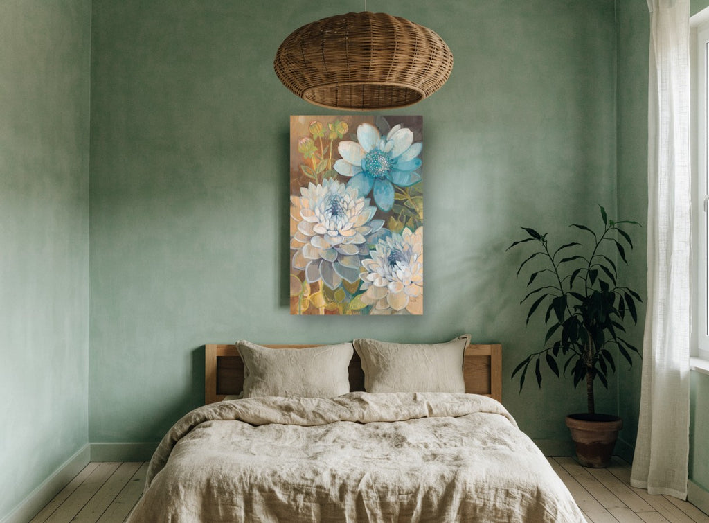 Blue Dahlia Garden floral canvas print on the wall of a bedroom