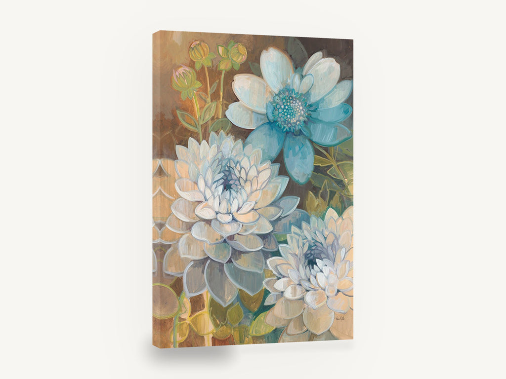 Blue Dahlia Garden, blue and cream dahlia floral painting, floral canvas wall art print ready to hang
