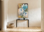 Blue Dahlia Garden floral canvas print on the wall of a hallway