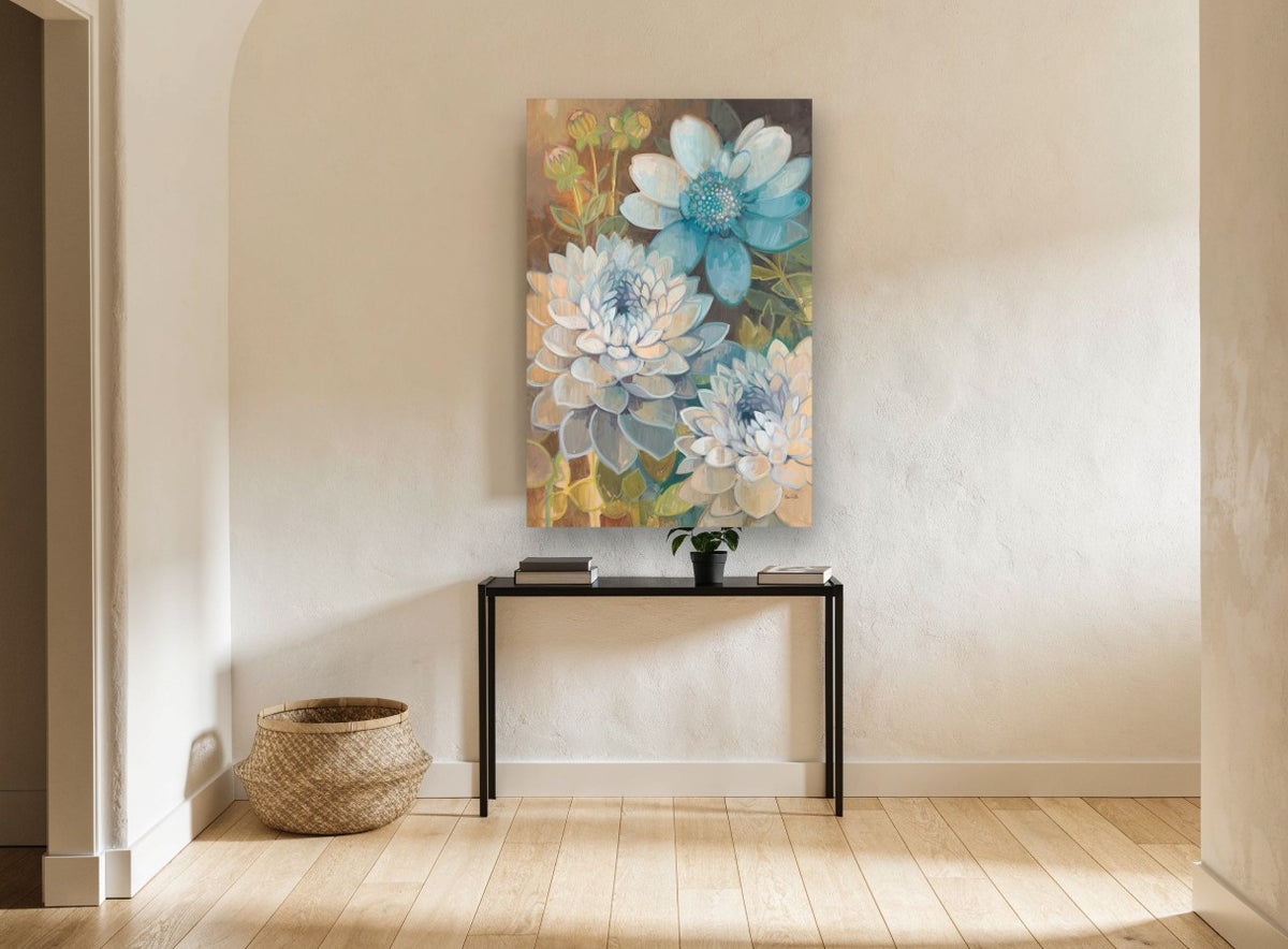 Blue Dahlia Garden floral canvas print on the wall of a hallway