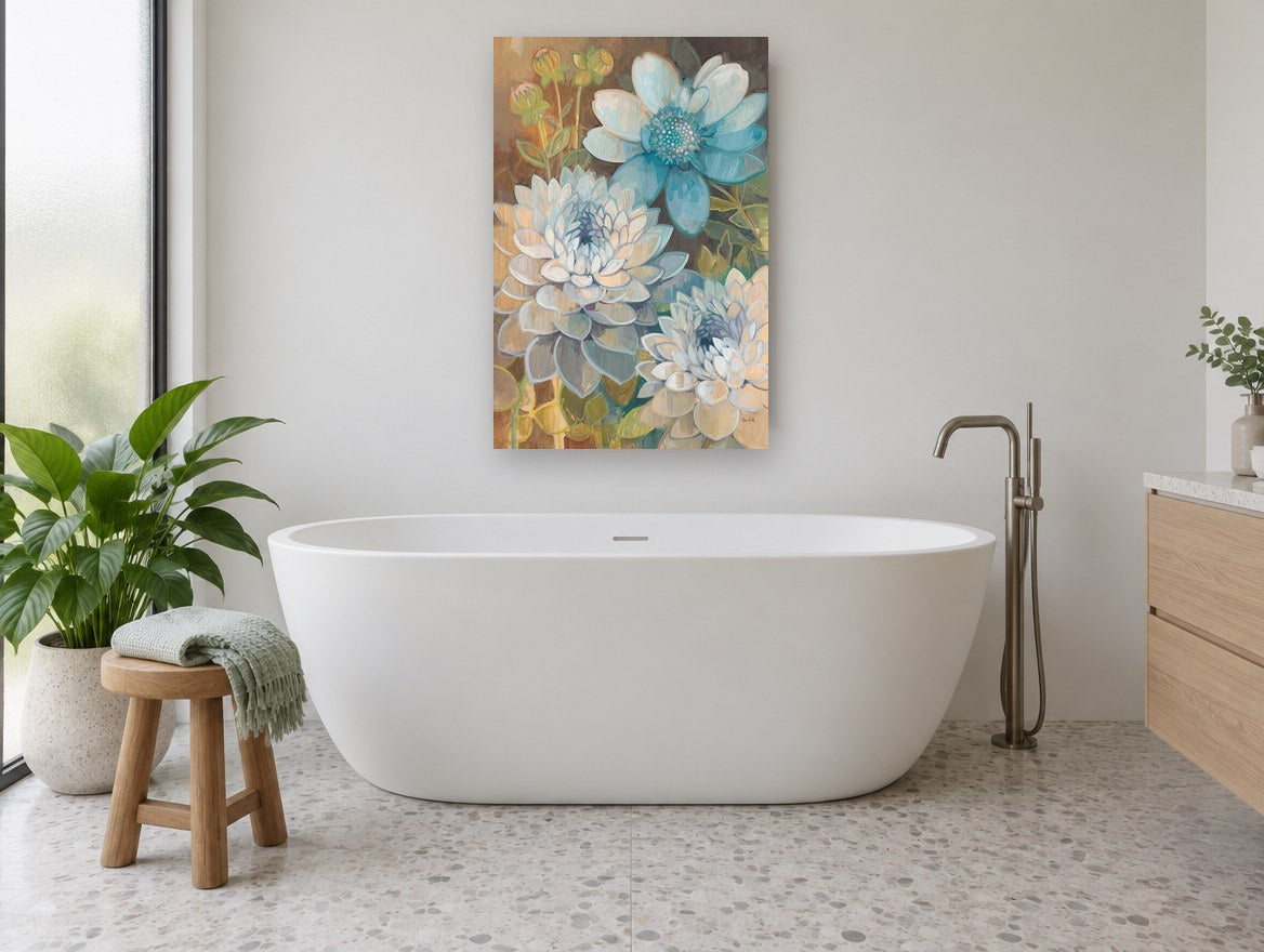 Blue Dahlia Garden floral canvas print on the wall of a bathroom