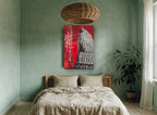 Red Art Deco Spire city canvas print on the wall of a bedroom