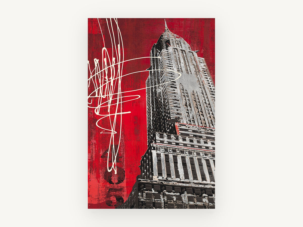 Red Art Deco Spire, new york art deco skyscraper red artwork, city canvas wall art print, front view