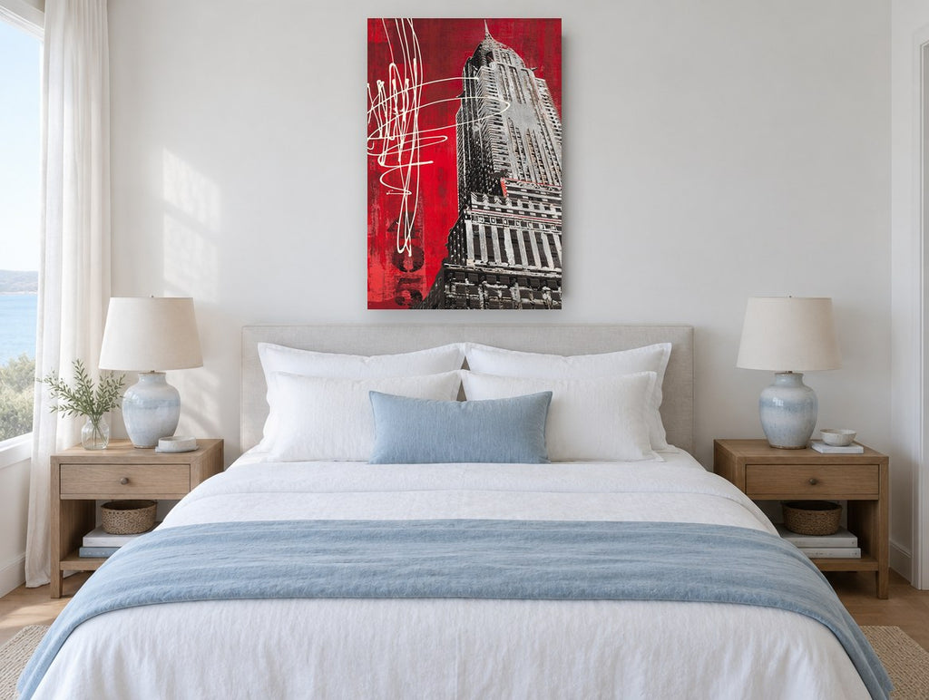 Red Art Deco Spire city canvas print on the wall of a bedroom