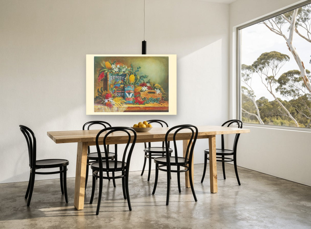 Native Blooms and Old Tins floral canvas print on the wall of a dining room